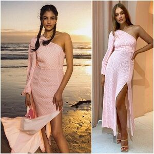 NWT THE WOLF GANG Wave Checkerboard Print 1 Shoulder Puff Long Sleeve Dress S